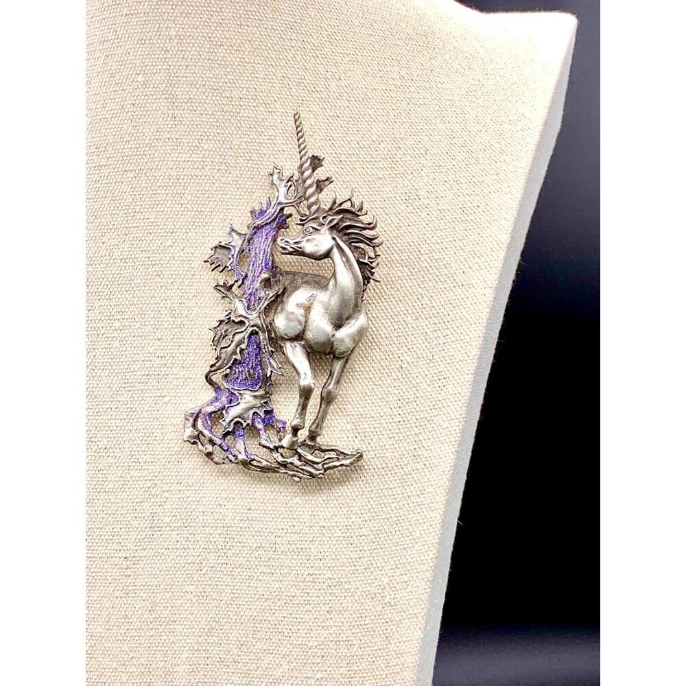 Vintage Signed Unicorn Brooch Silver Tone w Purple Enamel Fantasy Mythical